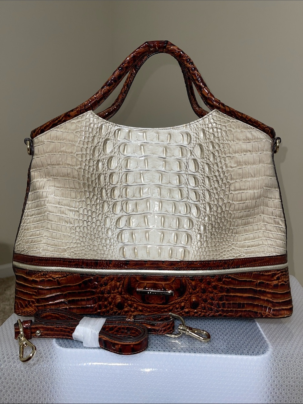Brahmin Two-Tone Croc-Embossed Satchel in Cream & Brown